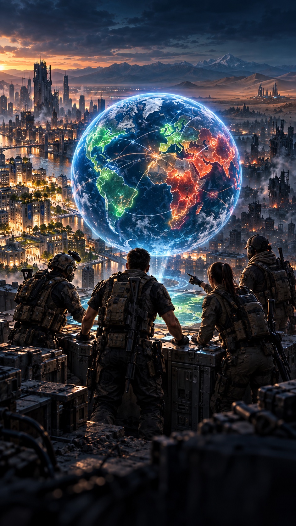 Zukunftskonzept einer holografischen Weltkarte mit unterschiedlichen Einsatzgebieten